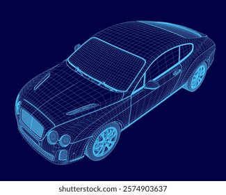 Blue car wireframe. The car is shown in a 3D format