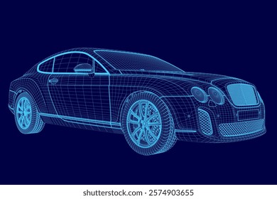 Blue car wireframe. The car is shown in a 3D format