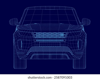A blue car wireframe. The car is shown in a 3D rendering. Front view