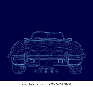 Blue car wireframe. The car is a vintage model. The blue color of the car is very vivid and stands out against the blue background