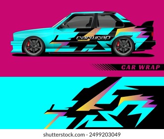 Blue car wrap with black, yellow, and purple design. Eyecatching and vibrant, perfect for advertising or personalizing vehicles with style.