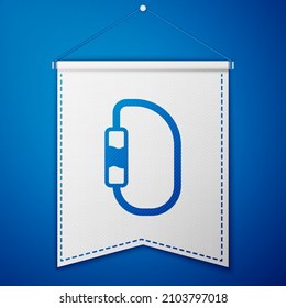 Blue Carabiner icon isolated on blue background. Extreme sport. Sport equipment. White pennant template. Vector