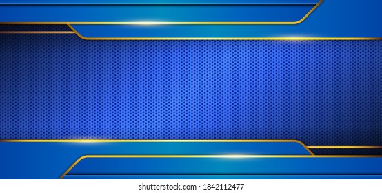 Blue carbon texture with golden luxury line and light vector background. Modern, elegant metal fiber background