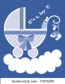 Blue card announcement with pram, pacifier, baby booties and bottle