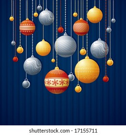 blue card with christmas balls, vector illustration