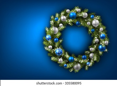 Blue Card With Christmas Wreath. Vector Paper Illustration.