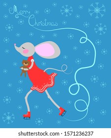 Blue card with cute mouse in red dress and skates: Merry Christmas. Vector illustration Christmas posters, cards, gift tags.