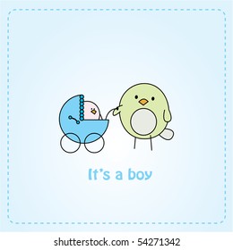 blue card design with bird pushing a bird baby boy in a stroller