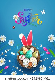 Blue card with Easter eggs in a nest of straw, red beetle isolated.