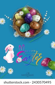 Blue card with Easter eggs in a nest, a beautiful pink bunny and flowers.