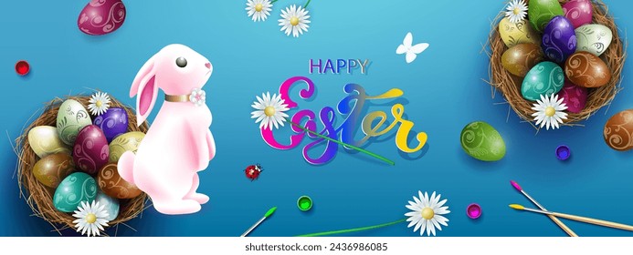 Blue card with Easter eggs in a nest, a beautiful pink bunny.