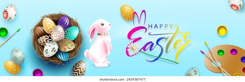 Blue card with Easter eggs in a nest, a beautiful bunny.