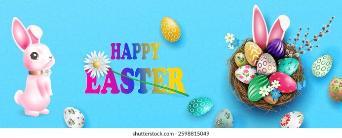 Blue card with Easter eggs in a straw nest and a wonderful pink bunny.