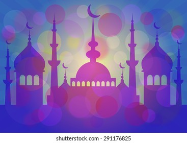 Blue card with mosque for greeting with beginning of fasting month Ramadan, as well with Islamic holiday Eid al-Fitr, or Feast of Breaking the Fast, and Eid al-Adha. Vector illustration