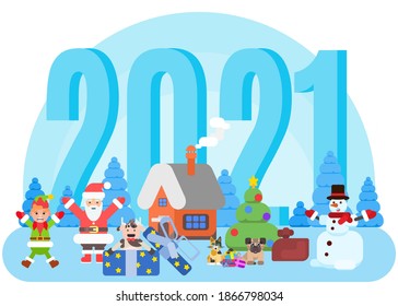 blue card with numbers and christmas characters. flat style vector