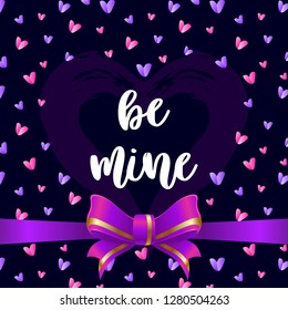 blue card with pink and lilac hearts, decorated with a ribbon. The inscription will be mine. Wallpapers, invitations, posters, brochures, banners. Vector illustration