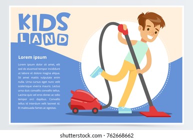 Blue card or poster with happy teenager boy cleaning the floor with vacuum cleaner. Kid doing home cleanup. Flat style cartoon vector illustration.