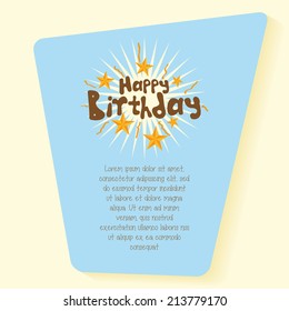 a blue card with some text and stars on a light yellow background