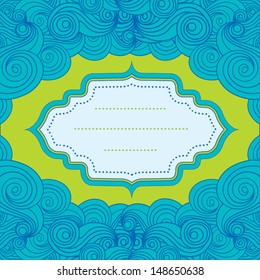 Blue card template with wave pattern on background. Label for your text. Vector illustration.