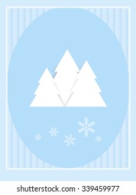 Blue card with three white trees. Fir forest. Vector illustration.