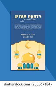 a blue card with a yellow mosque on it for iftar party	
