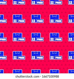 Blue Cardboard box with free symbol icon isolated seamless pattern on red background. Box, package, parcel. Delivery, transportation and shipping.  Vector Illustration