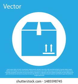 Blue Cardboard box with traffic symbol icon isolated on blue background. Box, package, parcel sign. Delivery, transportation and shipping. White circle button. Vector Illustration