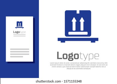 Blue Cardboard boxes on pallet icon isolated on white background. Closed carton delivery packaging box with fragile signs. Logo design template element. Vector Illustration