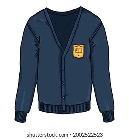 Blue Cardigan with School Badge. Vector Cartoon School Uniform Illustration.
