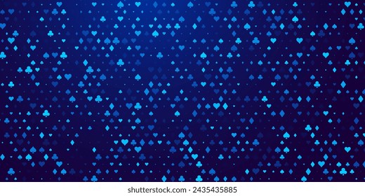 Blue Cards Signs Random Pattern Casino Background. Symbols of Playing Cards Spades, Hearts, Diamonds, Clubs. Casinos Business Advert Vector Design Background. Gambling Concept.