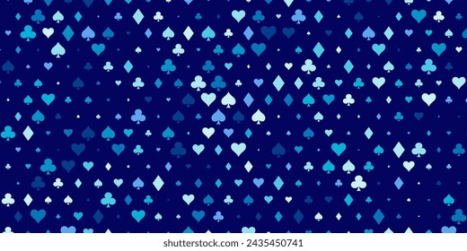 Blue Cards Signs Random Pattern Casino Background. Symbols of Playing Cards Spades, Hearts, Diamonds, Clubs. Casinos Business Advert Vector Design Background. Gambling Concept.