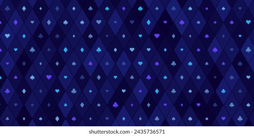 Blue Cards Signs Random Pattern Casino Background. Symbols of Playing Cards Spades, Hearts, Diamonds, Clubs. Casinos Business Advert Vector Design Background. Gambling Concept.