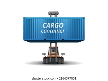 Blue Cargo Container Carried By Forklift Front View Realistic Vector Illustration