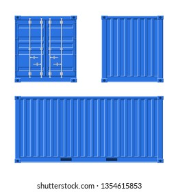 Blue Cargo Container for shipping and sea export isolated on white background. Front, back and side view. Logistics and transportation Vector Illustration