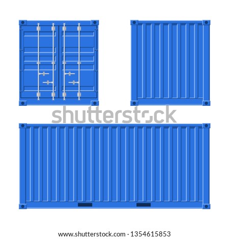 Blue Cargo Container for shipping and sea export isolated on white background. Front, back and side view. Logistics and transportation Vector Illustration