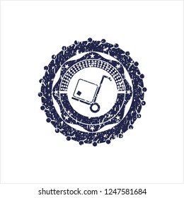 Blue cargo icon inside rubber seal with grunge texture