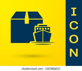 Blue Cargo ship with boxes delivery service icon isolated on yellow background. Delivery, transportation. Freighter with parcels, boxes, goods.  Vector Illustration