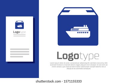 Blue Cargo ship with boxes delivery service icon isolated on white background. Delivery, transportation. Freighter with parcels, boxes, goods. Logo design template element. Vector Illustration