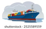 Blue Cargo Ship (container ship) in fully loaded at sea, vector illustration isolated on white background, eps