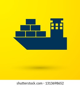 Blue Cargo ship icon isolated on yellow background. Vector Illustration