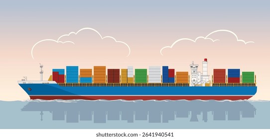 Blue Cargo Ship side view sailing in the ocean, vector illustration isolated on white background, eps
