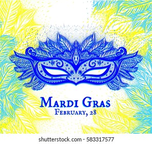 Blue carnaval mask on the colorful background with hand drawn ornate. Vector isolated illustration. Mardi Gras.