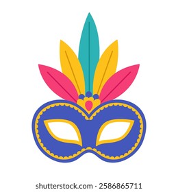 Blue carnival face mask with decorations and colorful feathers. Masquerade accessory. Masque for Brazil carnival, Venetian carnival, Mardi Gras. Vector flat illustration isolated on white background