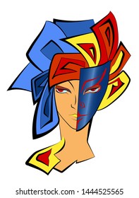 blue carnival half mask with a red pattern on a human face.