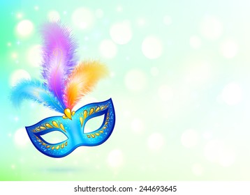 Blue carnival mask with colorful feathers vector banner background