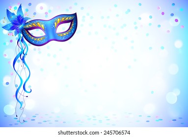 Blue carnival mask and confetti vector light background