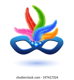 Blue carnival mask with feathers and gems. Vector design