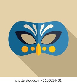 Máscara de carnaval azul com penas, um bico amarelo e pontos laranja está lançando uma sombra sobre um fundo bege