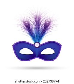 Blue carnival mask with fluffy feathers isolated on white background