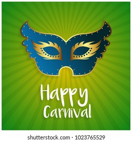 blue carnival mask with golden design elements and border on green and yellow line background having white typography